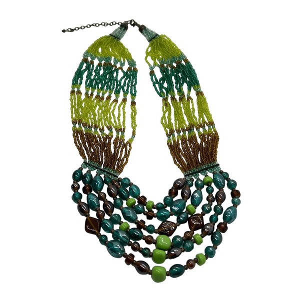 Multi Strand Seed Bead Necklace Glass Beads Green Blue Brown Copper Adj 24" - Picture 5 of 5